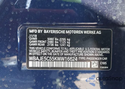 2019 BMW 540I from USA, damaged, VIN WBAJE5C55KWW16624